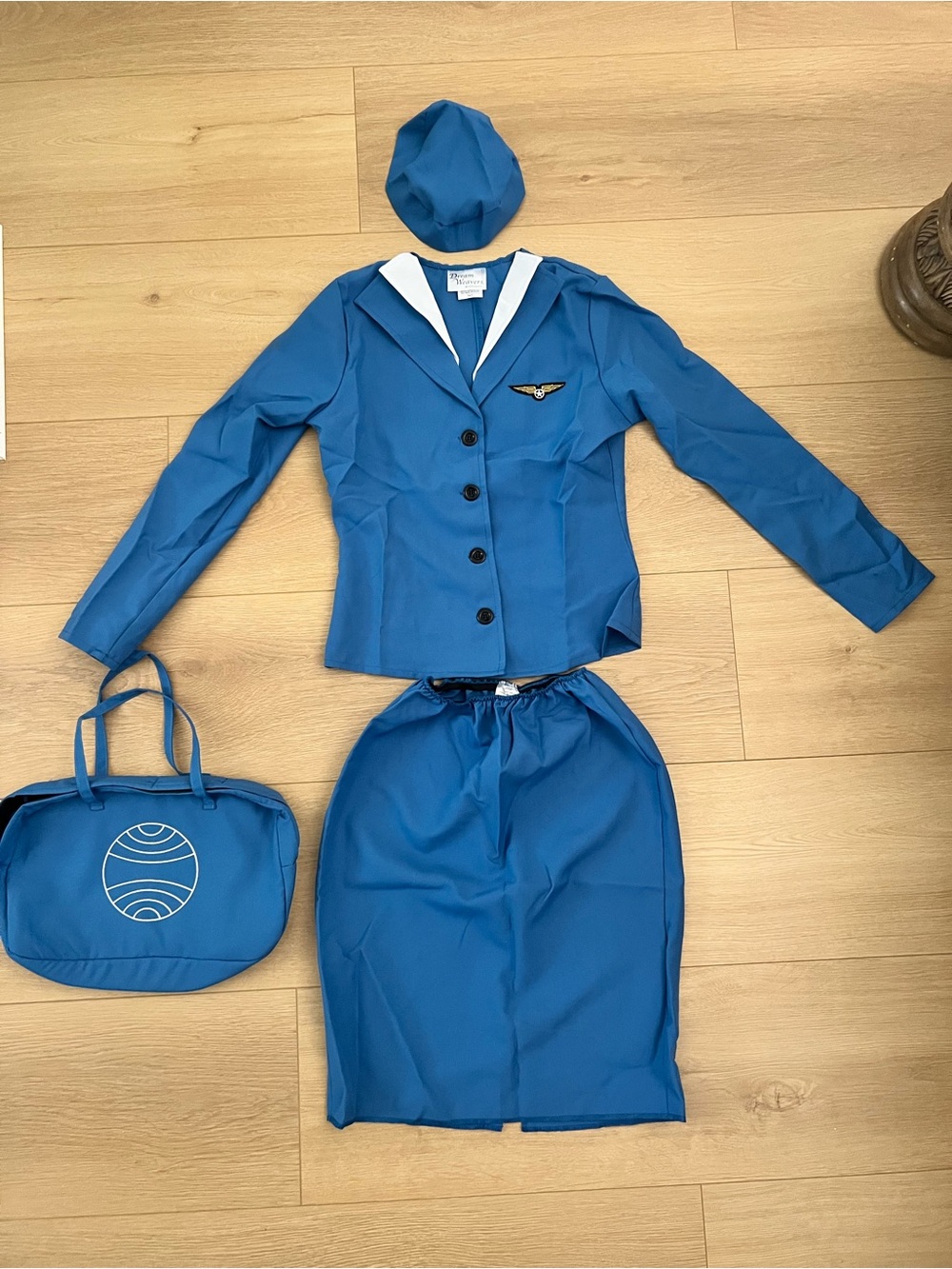 Blue Flight Attendant Costume Set with Hat and Bag